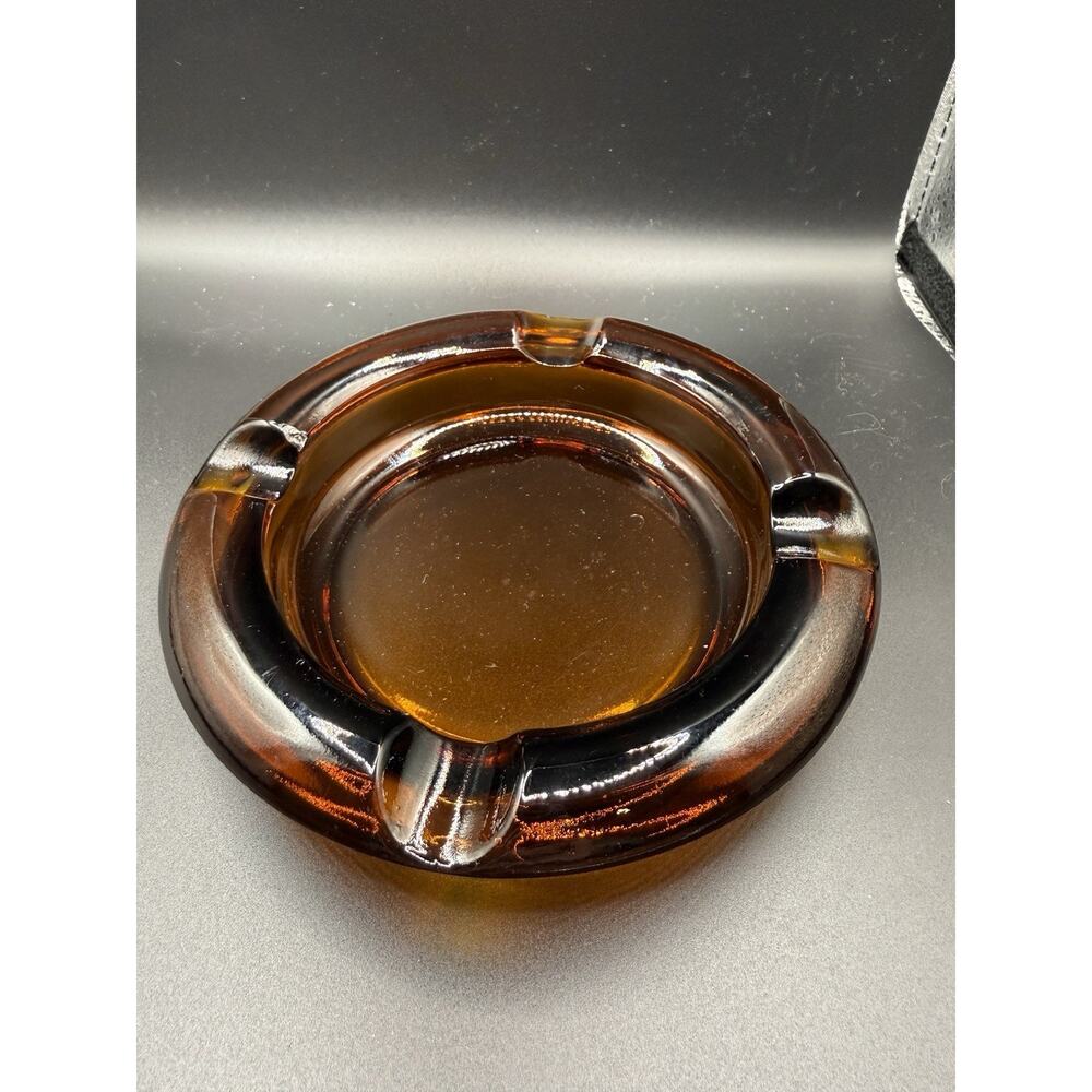 Vintage Amber Brown Glass Ashtray 8" HEAVY Round 4 Rests Cigar Pipe Cigarette
